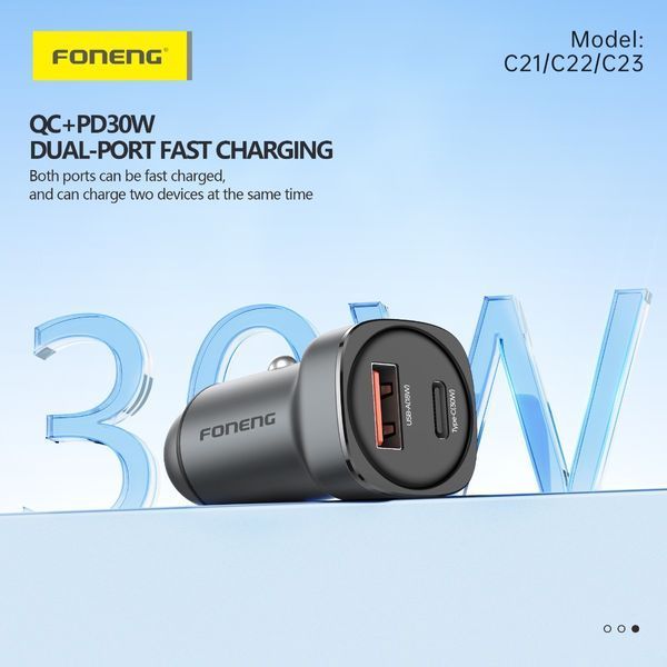 Автомобільна зарядка Foneng C23 USB-A + USB-C 30W в прикурювач, цинковий сплав 81324 фото