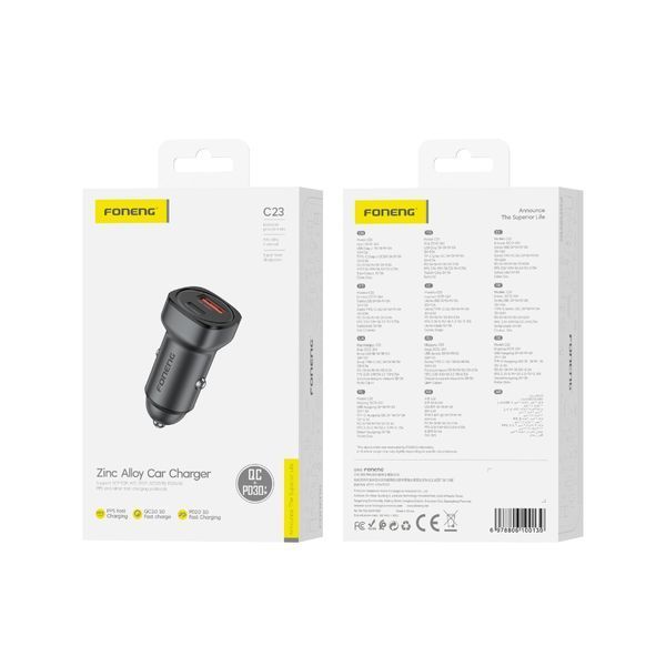 Автомобільна зарядка Foneng C23 USB-A + USB-C 30W в прикурювач, цинковий сплав 81324 фото