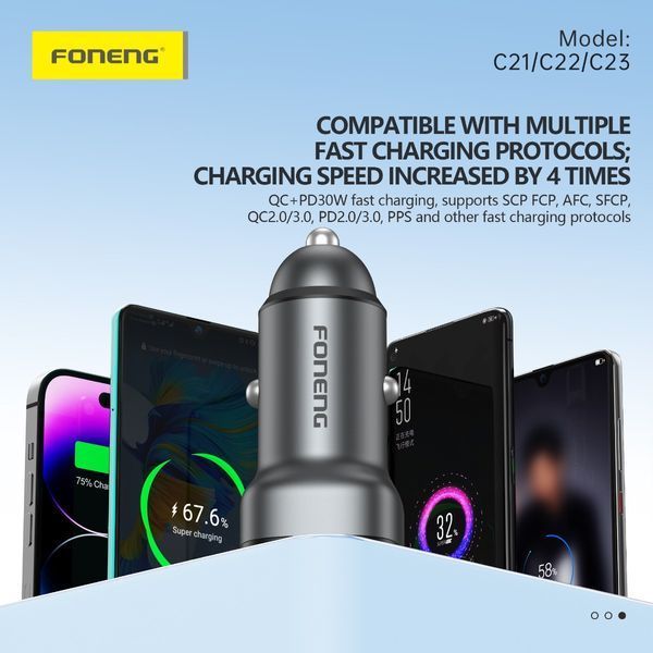 Автомобільна зарядка Foneng C23 USB-A + USB-C 30W в прикурювач, цинковий сплав 81324 фото