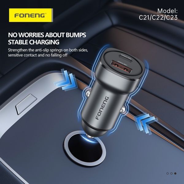 Автомобільна зарядка Foneng C23 USB-A + USB-C 30W в прикурювач, цинковий сплав 81324 фото