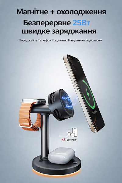 Бездротова зарядна станція Qi 2.2 25 Вт магнітна док-станція 3 в 1 Magsafe бездротова зарядка для Apple iPhone 16 17 Pro ProMax Watch 3 10 Ultra та Samsung S Note Fold Galaxy Bads Watch сумісна швидка зарядка 22425 фото