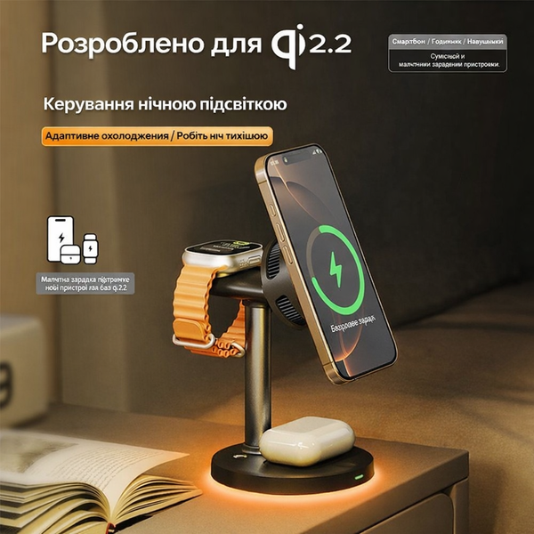 Бездротова зарядна станція Qi 2.2 25 Вт магнітна док-станція 3 в 1 Magsafe бездротова зарядка для Apple iPhone 16 17 Pro ProMax Watch 3 10 Ultra та Samsung S Note Fold Galaxy Bads Watch сумісна швидка зарядка 22425 фото