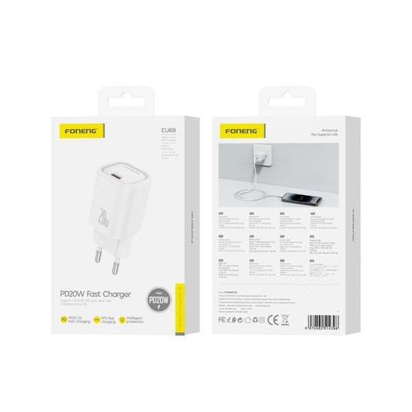 Зарядный адаптер питания FONENG EU69 GaN PD 20W quick USB Type-c, Белый