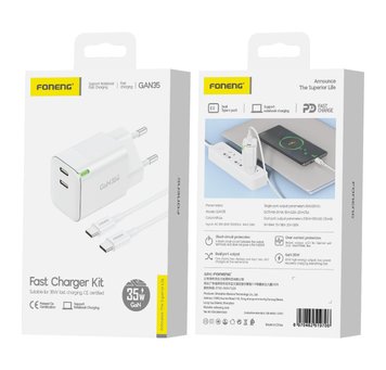 Мережевий зарядний пристрій FONENG USB-C 2-Port GaN Charger 35W з кабелем Type-C to Type-C 82320 фото