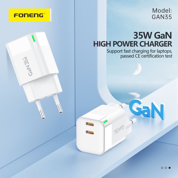 Мережевий зарядний пристрій FONENG USB-C 2-Port GaN Charger 35W з кабелем Type-C to Type-C 82320 фото