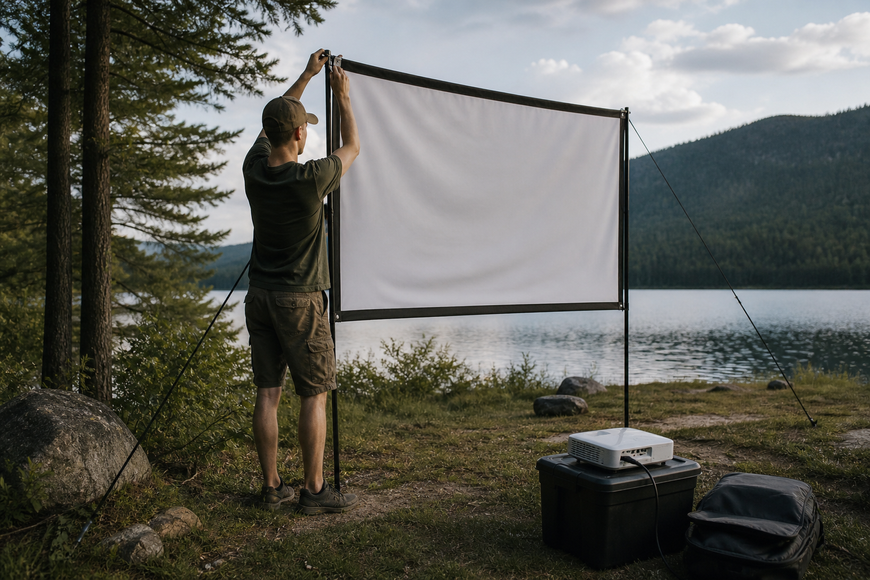 Екран для проектора 72" дюйми BIOSCOPE Touch 16:9 настінний портативний Стрейчева тканина біла в комплекті кріплення для дома та вулиці універсальний екран для проектора