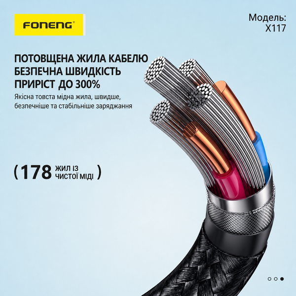 Кабель для зарядки Foneng X117 Type-C на Type-C 60 Вт 1.2 м універсальний для смартфонів, призначений для швидкої зарядки iPhone мобільних телефонів павербанків шнури для смартфонів і планшетів, Чорний