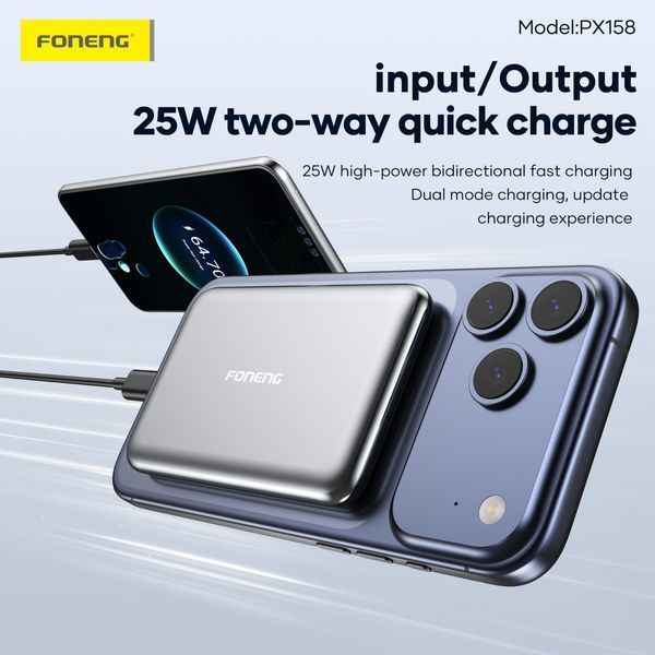Магнітний повербанк Foneng PX158 10000 mAh Qi2.2 25W MagSafe з металевим корпусом, сірий 51228 фото