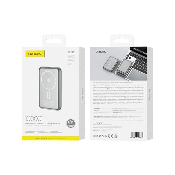 Магнітний повербанк Foneng PX158 10000 mAh Qi2.2 25W MagSafe з металевим корпусом, сірий 51228 фото