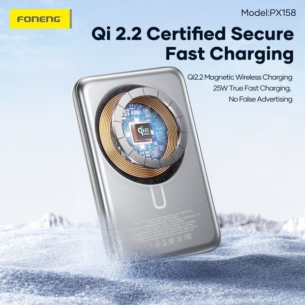 Магнітний повербанк Foneng PX158 10000 mAh Qi2.2 25W MagSafe з металевим корпусом, сірий 51228 фото