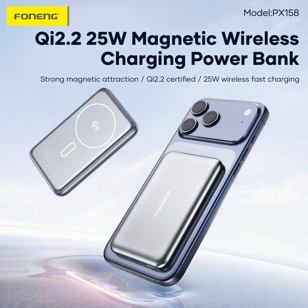 Магнітний повербанк Foneng PX158 10000 mAh Qi2.2 25W MagSafe з металевим корпусом, сірий 51228 фото