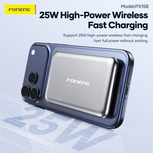Магнітний повербанк Foneng PX158 10000 mAh Qi2.2 25W MagSafe з металевим корпусом, сірий 51228 фото