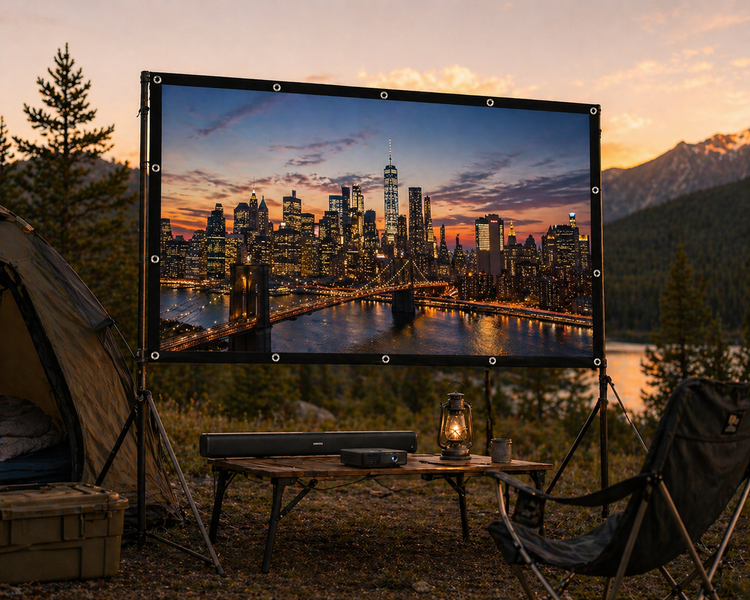 Екран для проектора 133" дюйми BIOSCOPE Touch 16:9 настінний портативний Стрейчева тканина біла в комплекті кріплення для дома та вулиці універсальний екран для проектора