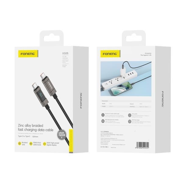 Кабель для зарядки Foneng XS05 Type-C на Type-C 100 Вт 1.2 м універсальний для смартфонів, призначений для швидкої зарядки iPhone мобільних телефонів павербанків та ноутбуків шнури для смартфонів і планшетів, Чорний