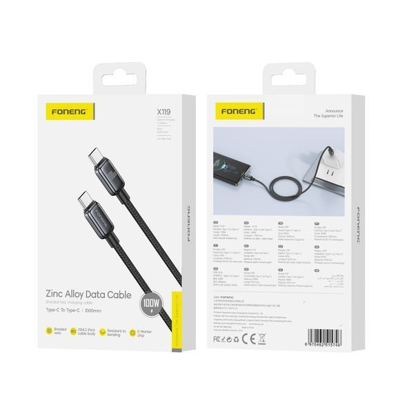 Кабель Foneng X119 TypeC Type-C 100W 1.0м швидка зарядка QC3.0 PD плетений для ноутбуків і смартфонів, Чорний