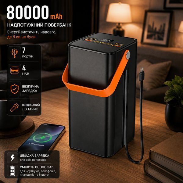 Повербанк 80000 mah 22.5W Qinetiq RQ-80 з LED дисплеєм і швидкою зарядкою PD/QC 5 портів з ліхтариком