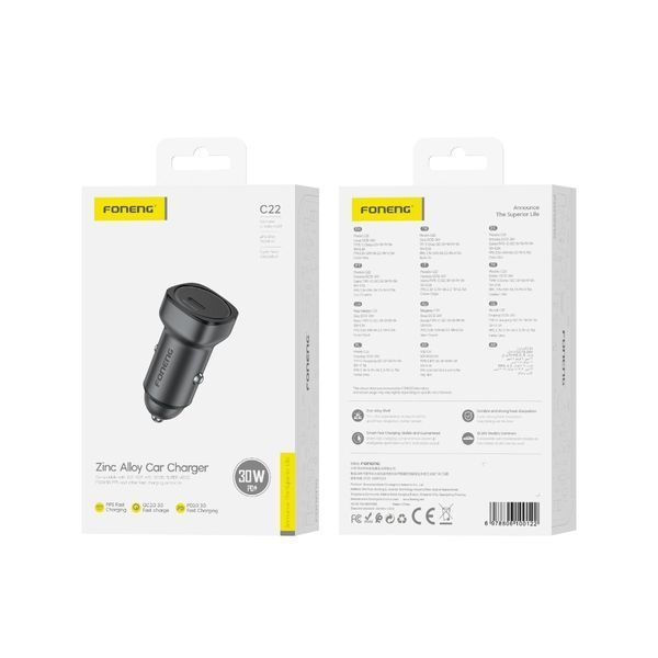 Автомобільна зарядка Foneng C22 USB-C 30W PD в прикурювач, цинковий сплав 81323 фото