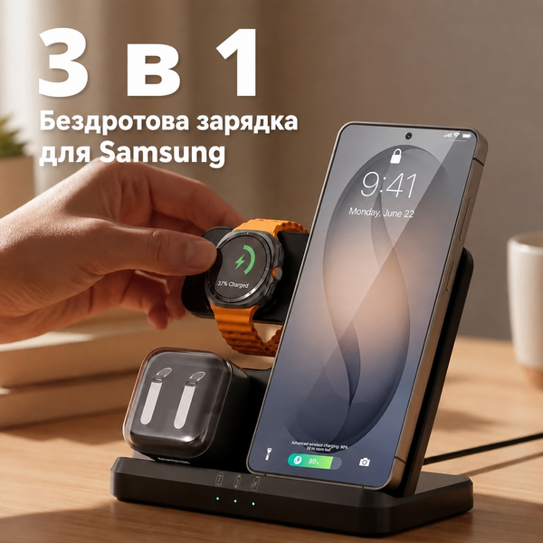 Док-станция беспроводной зарядки 3 в 1 Q10 23W для смартфона Самсунг Galaxy Watch 3-6 Galaxy Buds Black 22141 фото