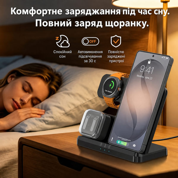 Док-станция беспроводной зарядки 3 в 1 Q10 23W для смартфона Самсунг Galaxy Watch 3-6 Galaxy Buds Black 22141 фото