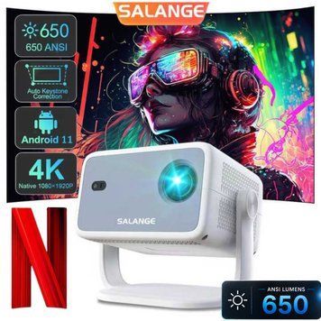 Смарт проектор NETFLIX Salange P350 для фільмів із яскравістю 650 ANSI  портативний SMART 4K Ultra HD з підтримкою зображення до 150 дюймів HDMI-сумісний працює на Android 11 з автофокусом підтримує Bluetooth і Wi-Fi універсальний домашній