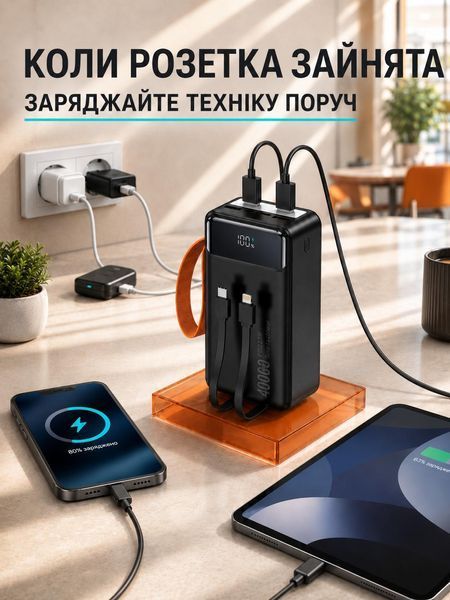 Повербанк Qinetiq RQ-40 Y400 40000 22.5W mah 22.5W з LED дисплеєм і швидкою зарядкою PD/QC powerbank для телефону роутера планшета павер банк з ліхтариком, Чорний