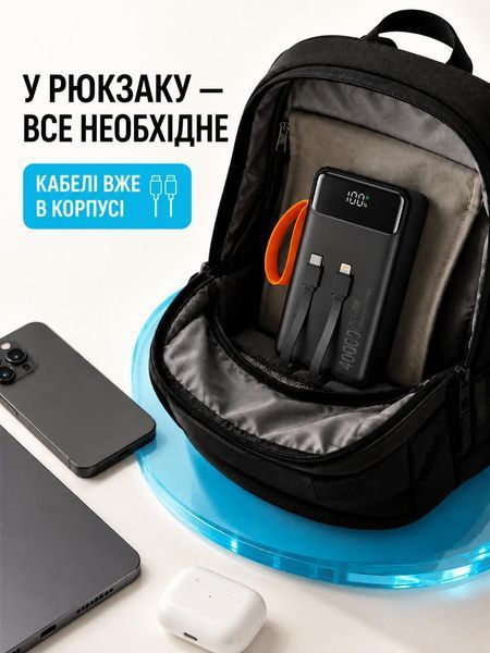Повербанк Qinetiq RQ-40 Y400 40000 22.5W mah 22.5W з LED дисплеєм і швидкою зарядкою PD/QC powerbank для телефону роутера планшета павер банк з ліхтариком, Чорний