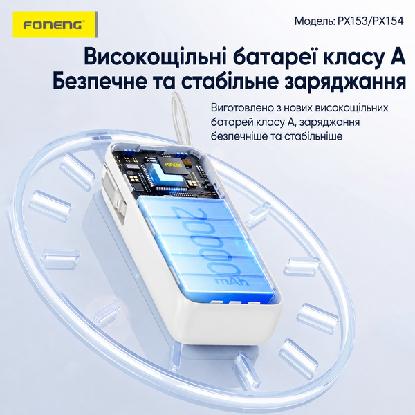 Павербанк Foneng PX153 10000 mAh 35W для ноутбуков планшетов телефонов с выдвижным кабелем длиной 70 см и встроенным кабелем 35W с LCD дисплеем 52198 фото