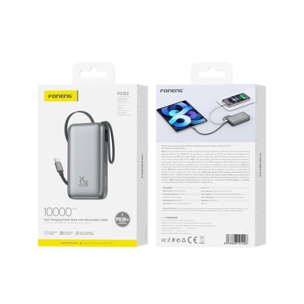 Павербанк Foneng PX153 10000 mAh 35W для ноутбуков планшетов телефонов с выдвижным кабелем длиной 70 см и встроенным кабелем 35W с LCD дисплеем 52198 фото
