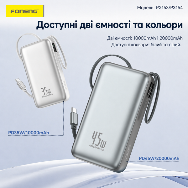 Павербанк Foneng PX153 10000 mAh 35W для ноутбуков планшетов телефонов с выдвижным кабелем длиной 70 см и встроенным кабелем 35W с LCD дисплеем 52198 фото