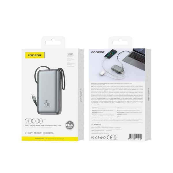 Павербанк Foneng PX154 20000mAh 45W для ноутбуків планшетів телефонів з висувним кабелем 70см та вбудованим кабелем (45W) з LCD дисплеєм 52199 фото