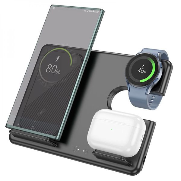 Док-станція бездротової зарядки 3 в 1 Hoco Q2 15W для смартфона Samsung, Galaxy Watch 3-6, Galaxy Buds Black 23070 фото