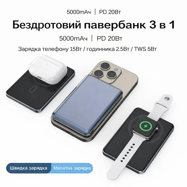 Магнітний повербанк QINETIQ P5 Slim Watch 5000 mAh для iPhone і Apple Watch 51208 фото
