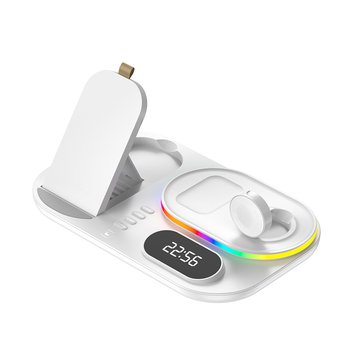 Беспроводная док-станция с часами 4in1 LED Clock RGB 30W для iPhone/AirPods/iWatch_1-9 series белая 23022 фото