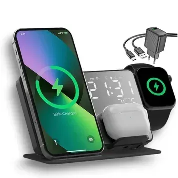 Зеркальная док-станция 4 в 1 QINETIQ Mirror clock 15W для Apple iPhone/AirPods/Apple Watch 2-8. С LED часами и термометром.
