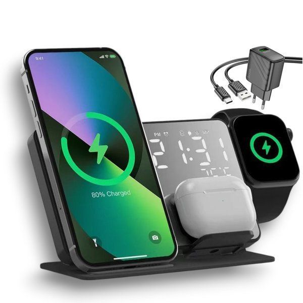 Зеркальная док-станция 4 в 1 QINETIQ Mirror clock 15 Вт для iPhone, AirPods и Apple Watch