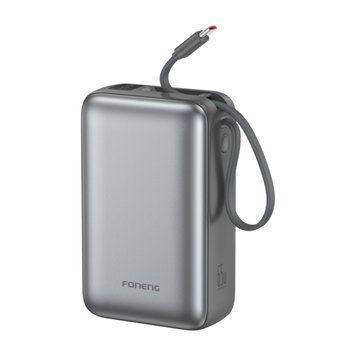 Повербанк 30000 mAh 65W для ноутбука Foneng PX128 с LED дисплеем и быстрой зарядкой USB-C порт встроенный кабель Type-C универсальный мощный портативный повербанк 30 000 power bank павербанк для телефона iPhone Samsung роутера планшета, Сірий, Сірий