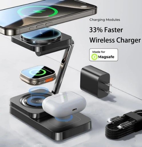 Складна станція бездротової зарядки 3 в 1 MagSafe T6 25W для Apple iPhone 12 &ndash; 15 Apple Watch 2 - 9 AirPods, Чорний