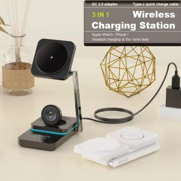 Складна станція бездротової зарядки 3 в 1 MagSafe T6 25W для Apple iPhone 12 &ndash; 15 Apple Watch 2 - 9 AirPods, Чорний