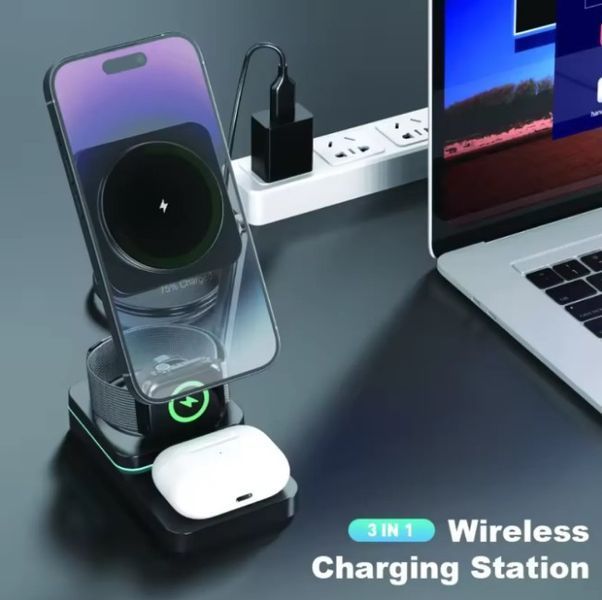 Складна станція бездротової зарядки 3 в 1 MagSafe T6 25W для Apple iPhone 12 &ndash; 15 Apple Watch 2 - 9 AirPods, Чорний