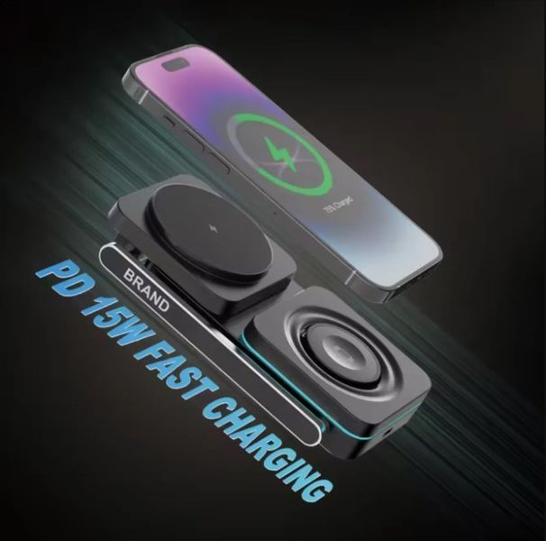 Складна станція бездротової зарядки 3 в 1 MagSafe T6 25W для Apple iPhone 12 &ndash; 15 Apple Watch 2 - 9 AirPods, Чорний