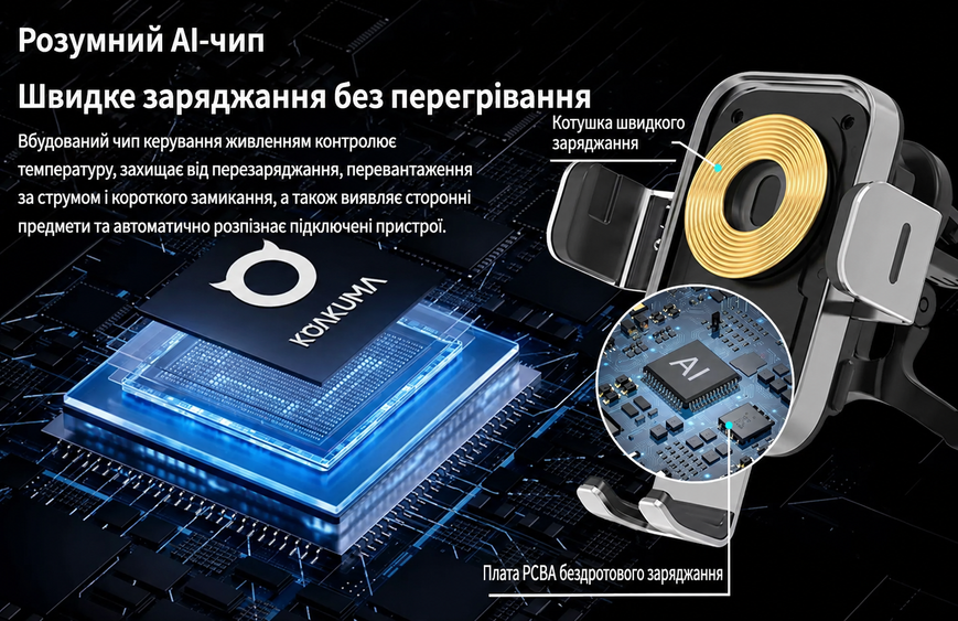 Сенсорний автотримач для телефону в машину авто з бездротовою зарядкою 15 Вт Proove Triple Clamp Pro 15W холдер на дефлектор для айфона iphone samsung Black 12040 фото