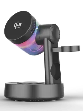Беспроводная настольная зарядка Qi2.2 25W магнитная док-станция 3 в 1 magsafe беспроводная зарядка для Apple iphone 16 17 airpods iwatch QINETIQ Z6 33W с подсветкой и bluetooth колонкой сертифицированная