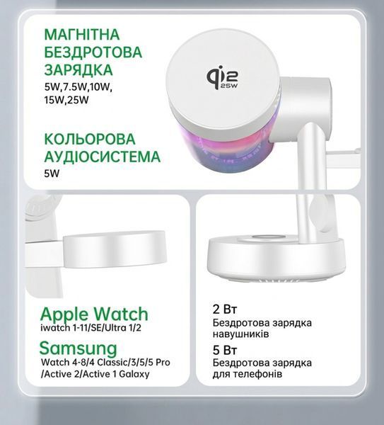 Беспроводная настольная зарядка Qi2.2 25W магнитная док-станция 3 в 1 magsafe беспроводная зарядка для Apple iphone 16 17 airpods iwatch QINETIQ Z6 33W с подсветкой и bluetooth колонкой сертифицированная