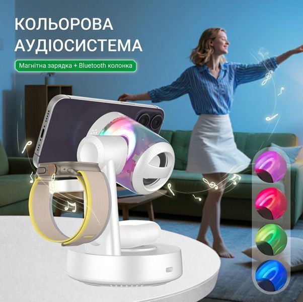 Беспроводная настольная зарядка Qi2.2 25W магнитная док-станция 3 в 1 magsafe беспроводная зарядка для Apple iphone 16 17 airpods iwatch QINETIQ Z6 33W с подсветкой и bluetooth колонкой сертифицированная