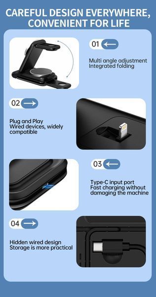 Універсальна станція бездротової зарядки MagSafe 3 в 1 QINETIQ MagSafe QN-21 магнітна станція для Samsung Watch та Apple Watch, Чорний