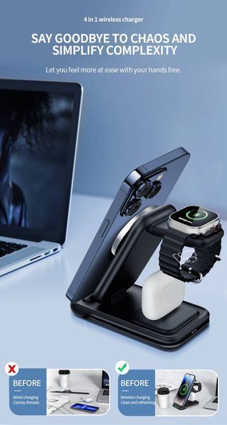 Універсальна станція бездротової зарядки MagSafe 3 в 1 QINETIQ MagSafe QN-21 магнітна станція для Samsung Watch та Apple Watch, Чорний