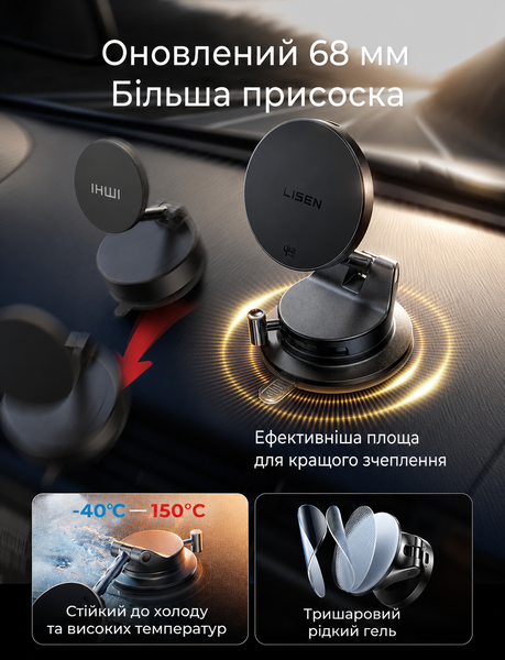 Вакуумный держатель для телефона Lisen Vacuum W608 25 Вт магнитный универсальный автомобильный держатель с беспроводной зарядкой MagSafe крепление на панель зарядка для телефона айфона iPhone 14 15 16 17 и Samsung S26 Ultra в машину авто на стекло и торпе YL0225050012 фото