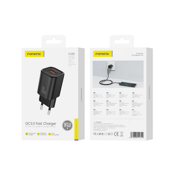 Зарядний адаптер Foneng EU68 18W &mdash; USB-A, швидка зарядка 5V/9V/12V, компактний, білий, Чорний, Чорний