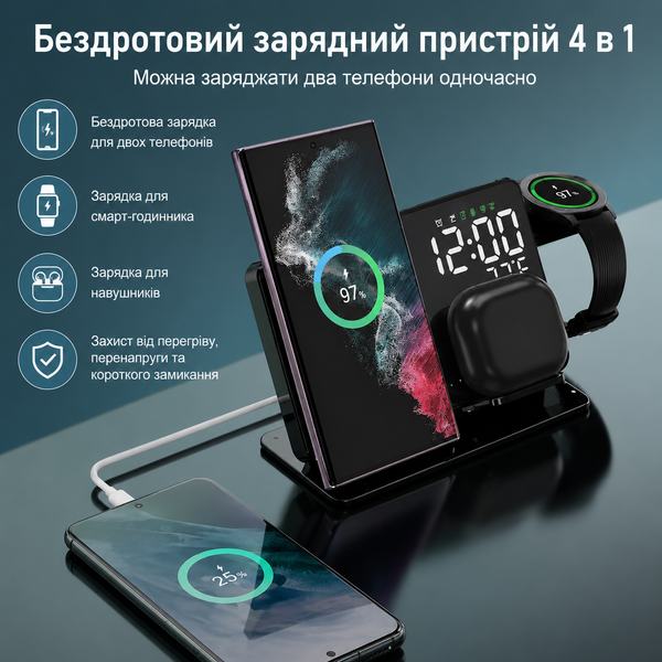 Зеркальная док-станция 4 в 1 QINETIQ Mirror clock 15W для Samsung S NOTE Fold Flip Galaxy Watch 3 10 Ultra с LED часами и термометром 23052 фото