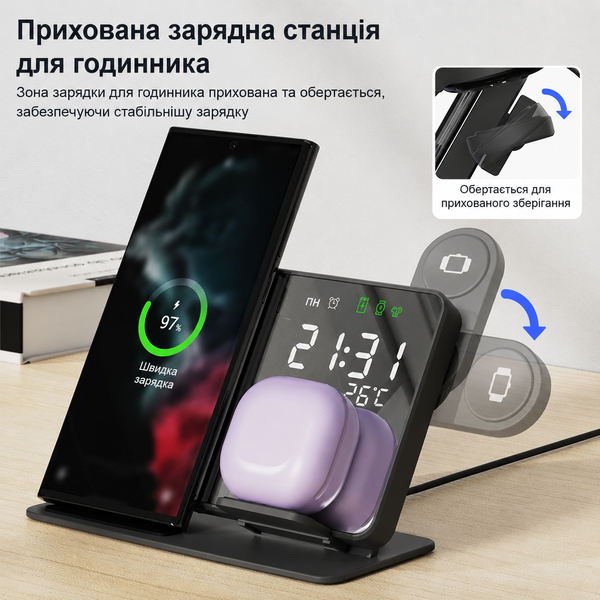 Зеркальная док-станция 4 в 1 QINETIQ Mirror clock 15W для Samsung S NOTE Fold Flip Galaxy Watch 3 10 Ultra с LED часами и термометром 23052 фото